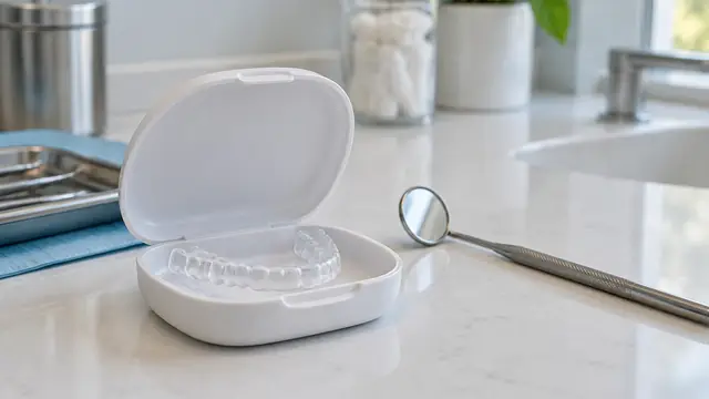 Clear custom dental night guard in an open plain case beside a dental mirror on a clean clinic counter, with no visible branding or text.