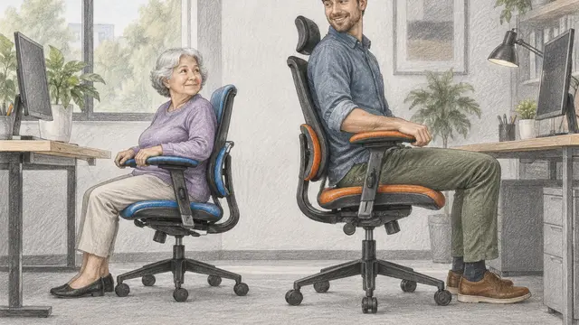 A realistic graphite and colored-pencil drawing of a short older woman and a tall younger man testing differently sized adjustable office chairs at adjacent desks, with subtle color highlighting seat edges, armrests and lumbar supports. Their feet rest comfortably on supports. No text or logos.