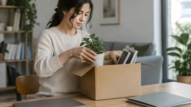 A person unpacks a small office box at home beside a closed laptop and a plain document folder.