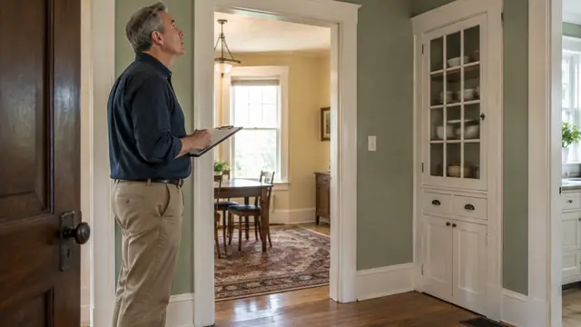 An older home's undisturbed interior with vintage flooring and painted wood trim, viewed as a professional inspects from the doorway.