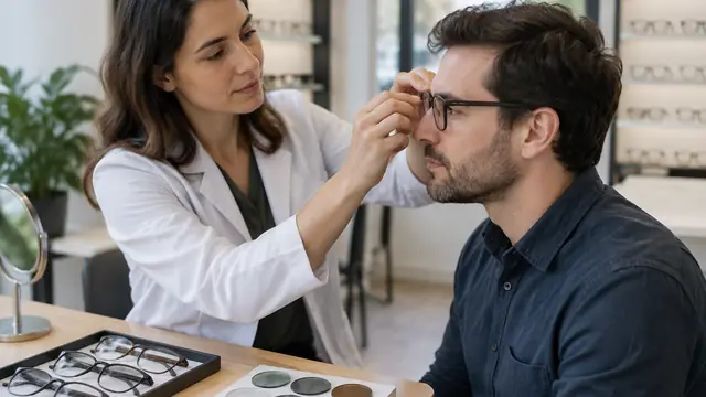 An optician adjusts plain eyeglass frames beside a tray of unbranded frames and lens samples.