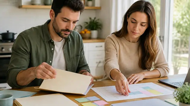 Two adults organize blank folders and color-coded calendar squares at a kitchen table in natural daylight, with no visible text, logos or readable screens.