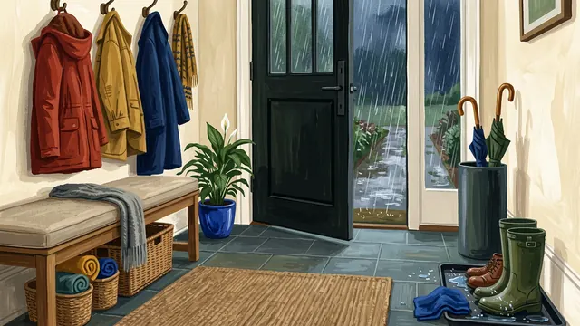 Gouache illustration of an organized entryway with boots, umbrellas, baskets and rain outside.