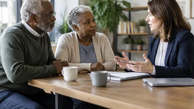 An older couple discusses care options with an independent counselor in a community office.