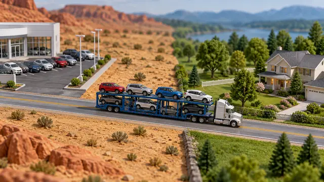 A handcrafted miniature diorama shows a car carrier crossing a state boundary marked by changing landscape colors, with a dealership at one end and a suburban home at the other. No signs, text, words or logos appear.