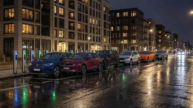 Electric vehicles using public curbside chargers outside apartment buildings on a rainy night.