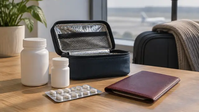 Plain medication containers with labels facing away beside an insulated medicine pouch and a closed passport holder.