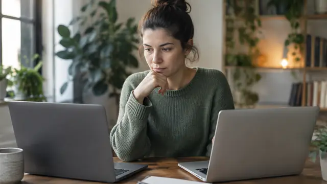 A freelancer compares two laptops at a home workspace, with both displays angled away and no visible text, logos, brand names or readable screens.