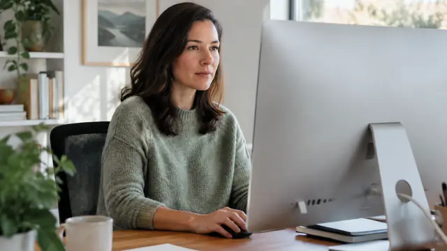 An adult using a desktop computer in a tidy home office, with the monitor viewed from behind and no visible text, logos, or readable screens.