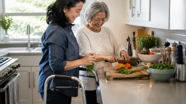 An adult helps an older parent prepare a meal in an accessible home kitchen.