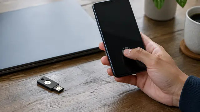 A hand using a smartphone fingerprint sensor beside a closed laptop and a small security key, with no visible branding or readable screens.