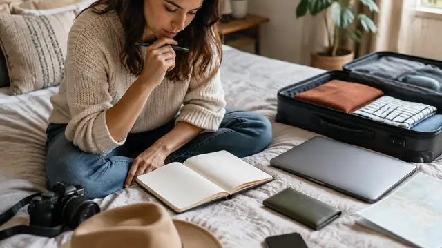 Traveler comparing options in a blank notebook beside a closed laptop, a plain wallet and a packed suitcase, with no visible text, logos or readable screens.