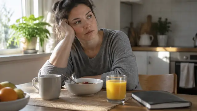 An adult sits at a kitchen table in morning light, looking tired beside an untouched breakfast and a closed notebook.