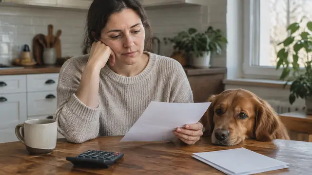 A pet owner sits at a kitchen table with a calculator and face-down policy papers while a dog rests beside them.