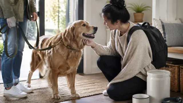 A pet owner introduces a sitter to a dog in a home entryway, with a leash, plain supply containers and keys nearby.