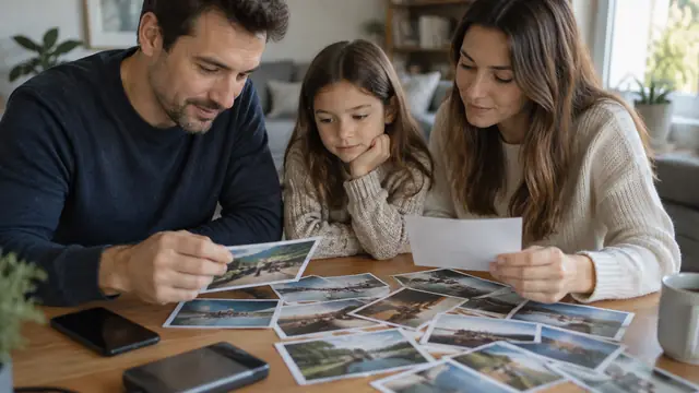 A family sorting printed photographs beside a smartphone and an external drive, with dark device screens and no visible text or logos.