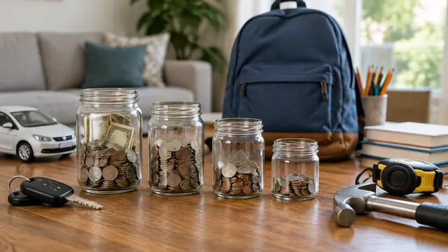 Several plain savings jars beside car keys, a school backpack and household tools on a wooden table, with no visible text or logos.