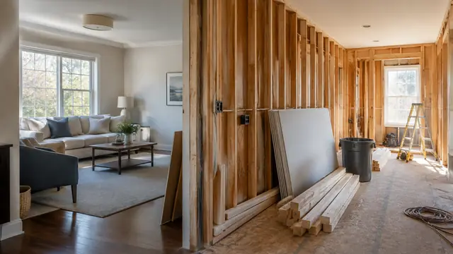 Partially renovated home interior with exposed wall framing beside an intact living room, neatly organized construction materials and natural daylight.
