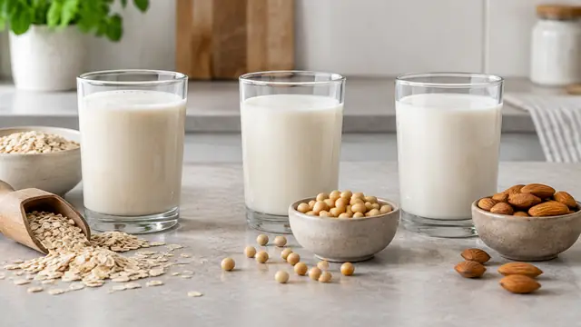 Identical clear glasses holding different milk beverages beside oats, soybeans and almonds on a neutral kitchen counter, with no visible labels or branding.