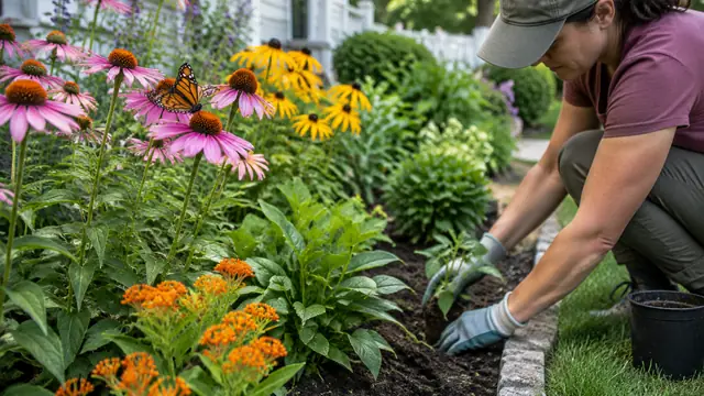 Small residential flower bed with regionally appropriate native blooms, a butterfly resting on a flower and a person planting along the border.
