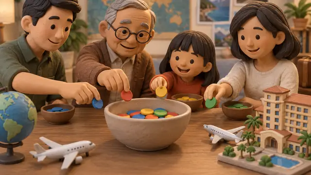 Tactile clay scene of an Asian grandfather, two adult relatives of different genders and a child gathered around a table, moving colorful unmarked tokens from separate small bowls into one larger bowl beside miniature airplanes and a hotel building; soft studio lighting, no text, words, numbers or logos.