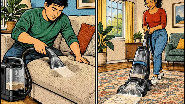 Wordless retro comic diptych: an Asian man spot-cleans a sofa cushion with a compact extractor; a Latina woman uses an upright carpet washer across a large rug. Halftone shading, no speech bubbles, lettering, text or logos.