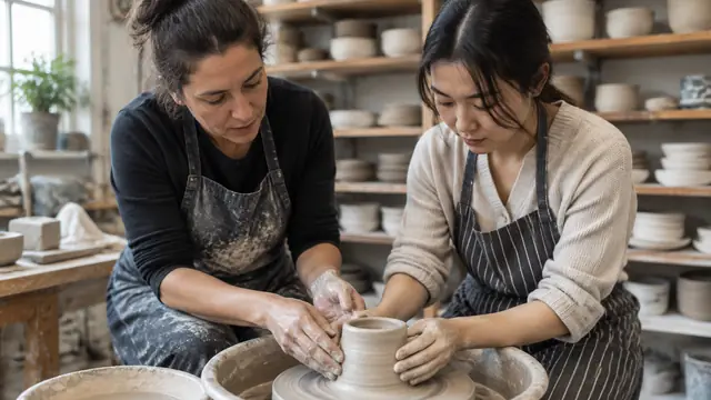 An instructor guides a beginner at a pottery wheel in a working ceramics studio, with shelves of unmarked clay pieces behind them.
