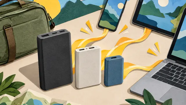 Layered paper-cut collage of three differently sized unbranded power banks beside a phone, tablet and laptop, with abstract energy shapes connecting the devices and a small travel bag for scale. No battery numerals, text, words or logos.