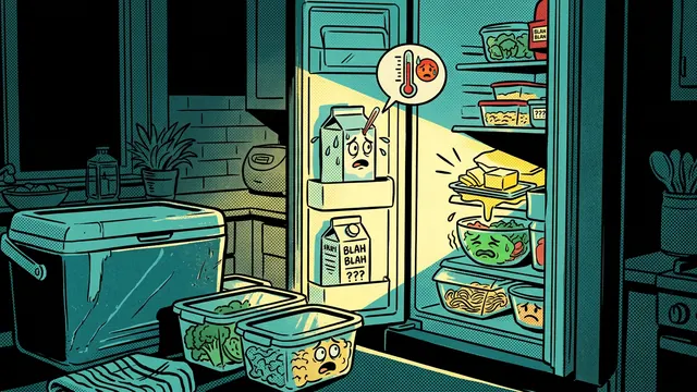 Retro comic illustration of worried food containers in a refrigerator during a power outage.