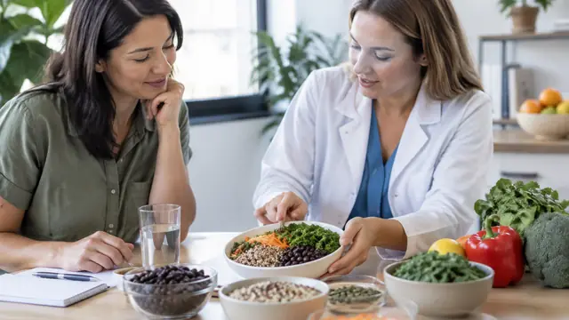 An adult and a registered dietitian arrange a balanced lunch with vegetables, beans and whole grains at a consultation table.