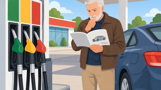 An older white man checks an open vehicle manual beside a sedan at a fuel station, with three differently colored pump handles in the foreground, bold flat editorial shapes, and blank pages and pump panels.