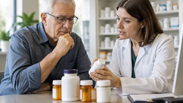 An older adult and a pharmacist review plain prescription bottles and supplement containers arranged on a consultation table.