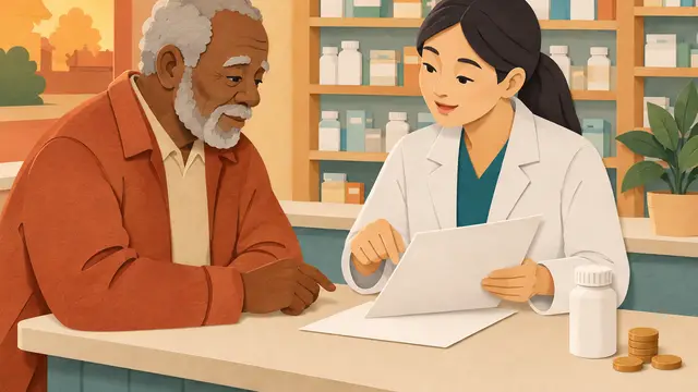 Warm paper-cut scene: an older Black man and younger East Asian pharmacist review blank forms across a pharmacy counter, beside an unmarked medicine bottle and coins; no text or logos.