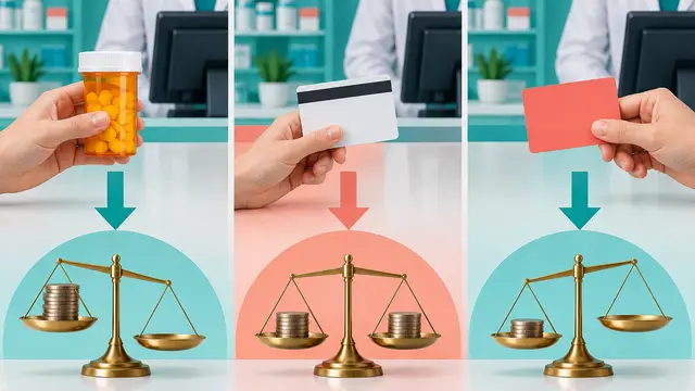 Text-free geometric comparison of three pharmacy checkout routes: an unmarked prescription bottle, plain insurance card, plain discount card, coins and balance scale in teal and coral, without letters, numbers, words or logos.