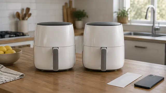 Two identical unbranded countertop appliances beside a plain receipt and a face-down phone on a kitchen table, with no visible text or logos.
