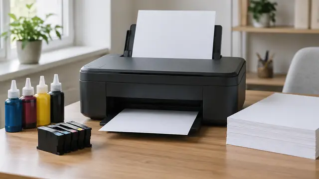 Unbranded home printer beside plain ink bottles, cartridges and stacks of blank paper, with no visible text, logos or readable screens.