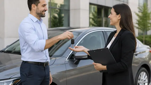 Two adults exchange car keys beside an unbranded sedan outside a neutral office building, with paperwork face down on a clipboard.