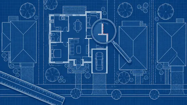 Blueprint-style overhead view of a home floor plan beside three neighboring house outlines, with a measuring tool and magnifying glass highlighting a mismatched room boundary. White lines on deep blue; no annotations, text, words, numbers or logos.