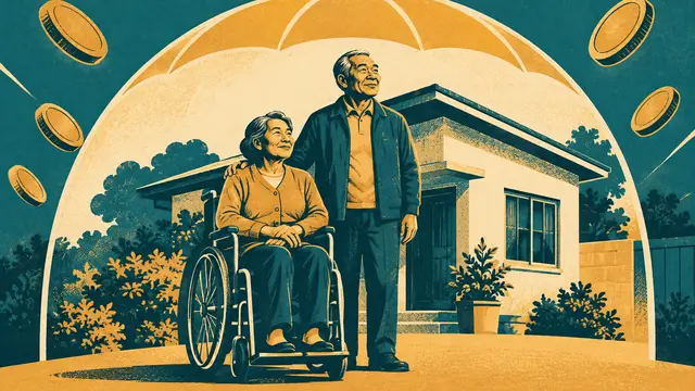 Bold screen-print illustration of an older Asian couple, one using a wheelchair, beside their modest home under a protective canopy. Simple coin shapes sit outside it, in a limited teal and ochre palette, without text or logos.