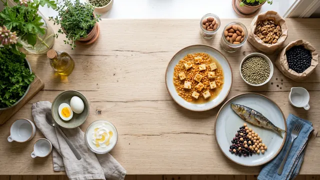 Overhead food photograph of eggs, yogurt, lentils, tofu, fish, beans and nuts arranged on a table.