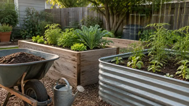 Neighboring wood and corrugated metal raised garden beds in a modest backyard, with a wheelbarrow of soil and young vegetables nearby.
