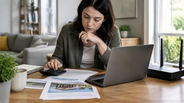 Person comparing home internet options at a desk with a calculator and router, with the laptop facing away and no visible text, logos or readable screens.