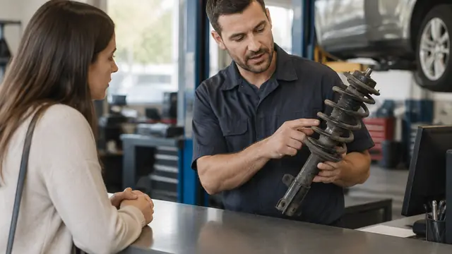 A mechanic shows a customer a worn suspension component at a tidy repair-shop counter, with paperwork turned away and no visible text, logos or readable screens.