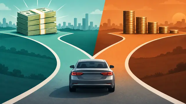 A car centered between branching paths: one leads to cash, the other to shrinking coin stacks, in a teal-and-orange editorial infographic without text, numbers or logos.