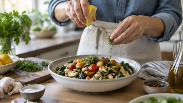 Hands seasoning a vegetable and bean dish with lemon, garlic and fresh herbs in a home kitchen.