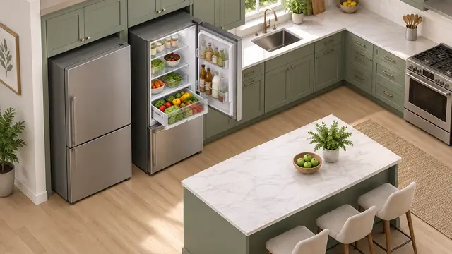 An isometric cutaway kitchen with two unbranded refrigerators of different depths beside identical cabinets. One door is open with its produce drawer extended; a nearby island illustrates clearance. Realistic proportions, with no text, numbers, words or logos.