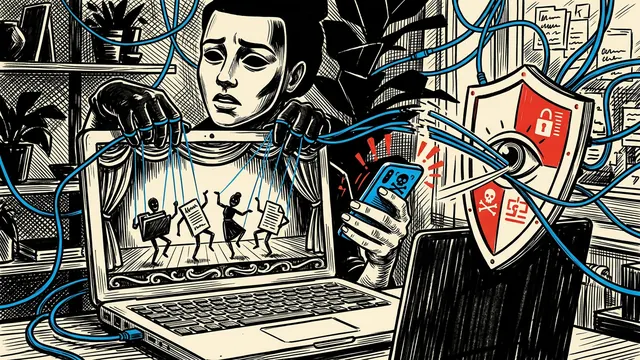 Noir comic illustration of suspicious hands controlling a laptop while a security shield cuts the connection.
