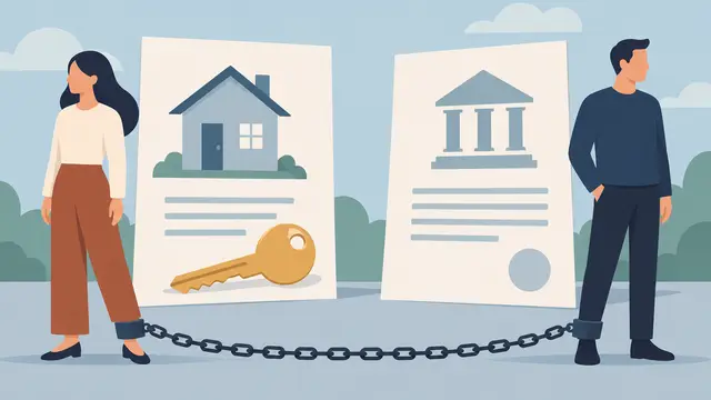 Minimalist vector scene of two adults beside separate property and lending documents, with a house key on one and a chain connecting both people to the other; no text or logos.