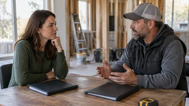 A homeowner and remodeling contractor sit across a table in a house under renovation, with plain closed folders between them and no visible text or logos.