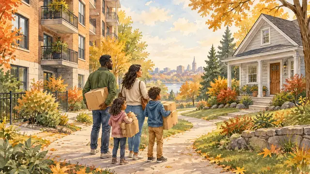 Watercolor streetscape: a rental apartment building and modest detached house flank a winding path. A diverse family pauses with moving boxes amid soft autumn colors. No signs, text, words, or logos.